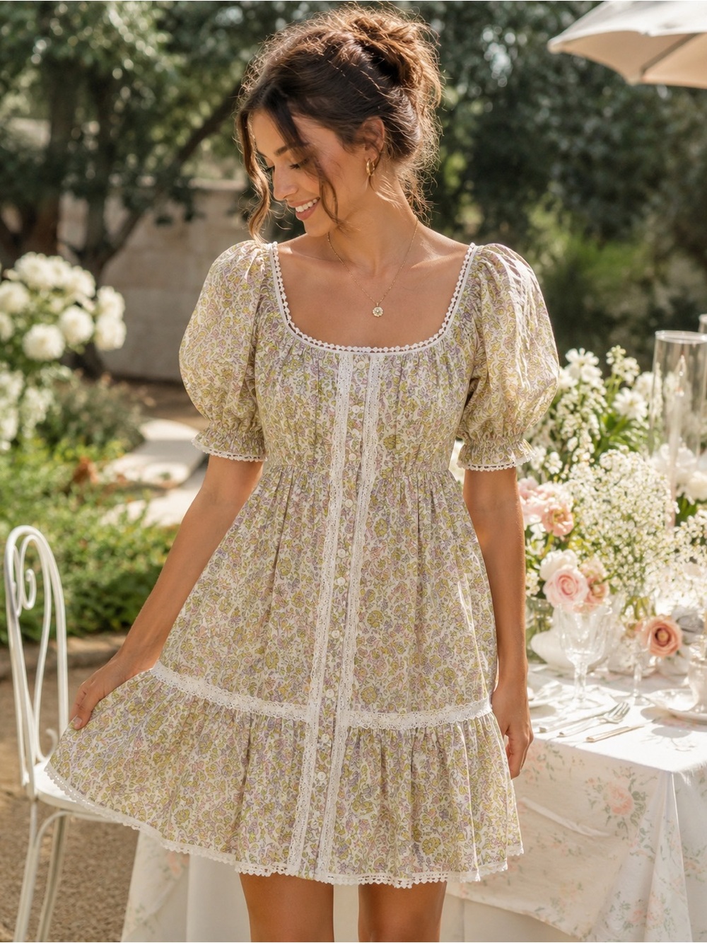 Love the Label Anthropologie Floral Puff Sleeve Smocked Mini Dress XS